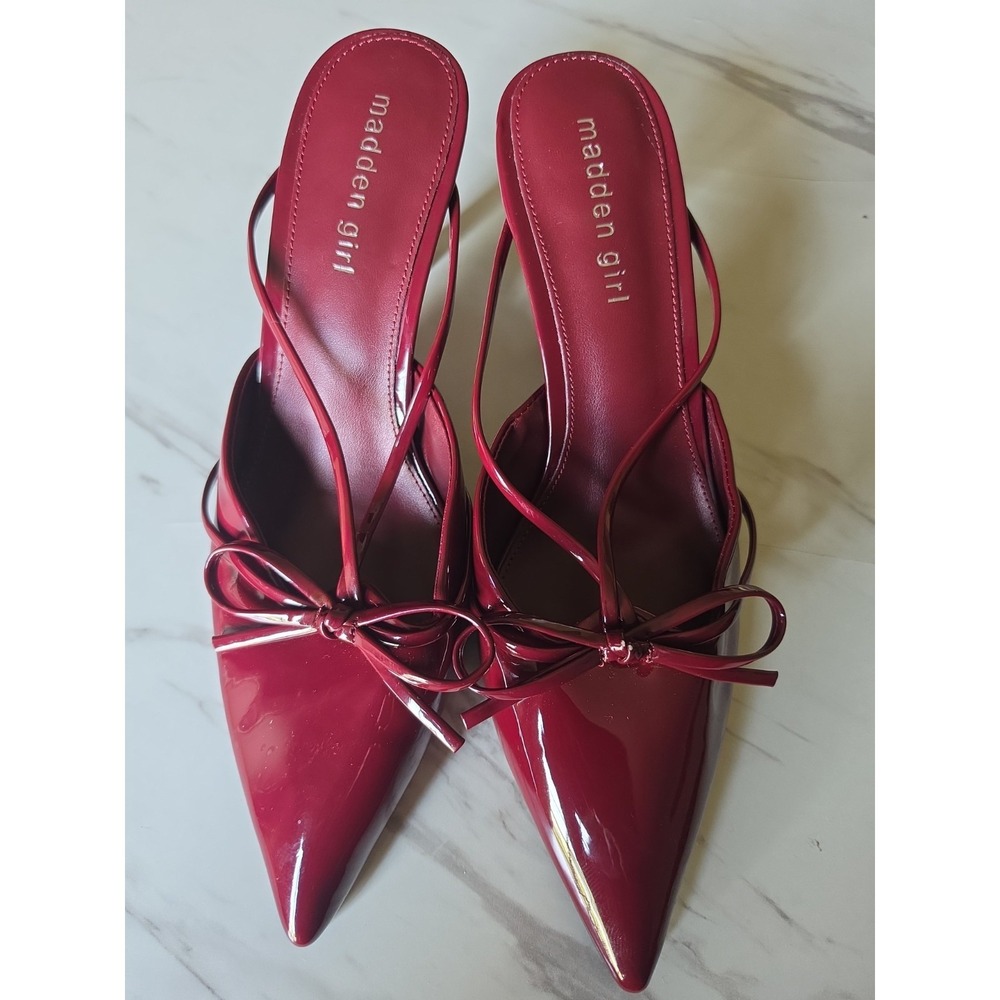 Madden Girl Red Patent Leather Slingback Pointed Toe Heels with Bow & Buckle 9.5